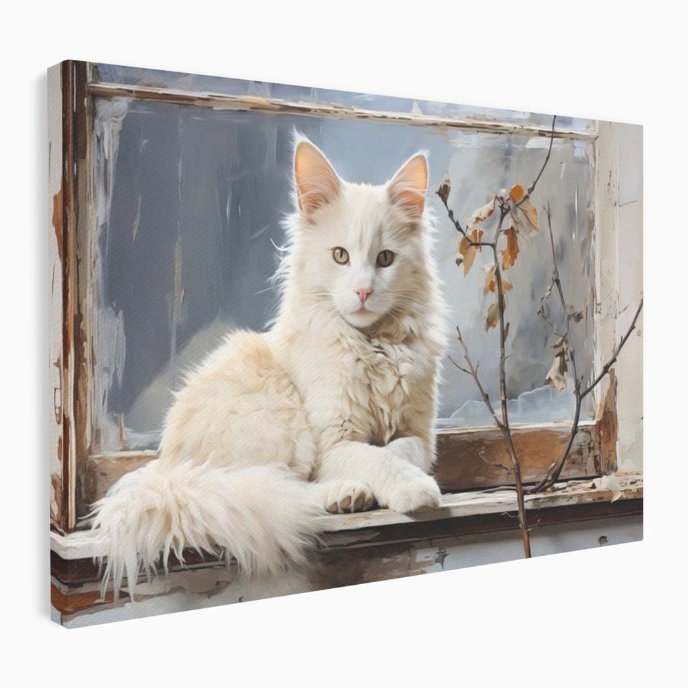 Tablou canvas cu tablou canvas cu pisica alba pe fereastra, fara rama, pe sasiu de lemn